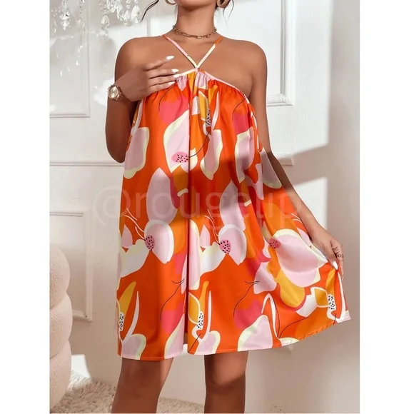 Orange Floral Flared Dress Mini Short A-Line Neck Ties - Picture 6 of 9